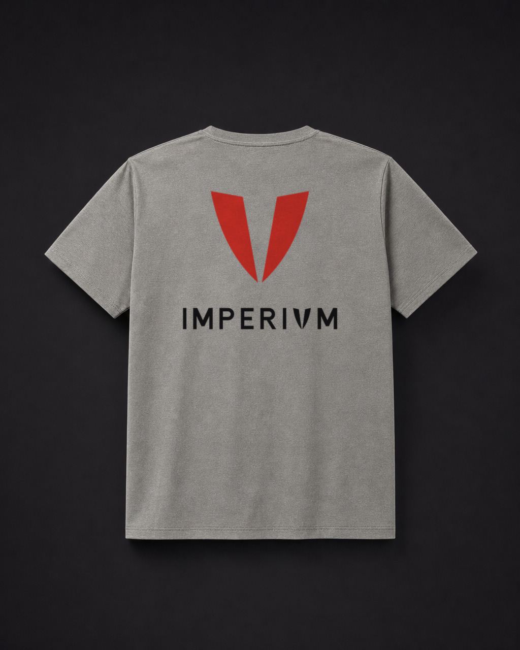 Espalda de una camiseta gris: la V en rojo sobre el logotipo IMPERIVM en negro.