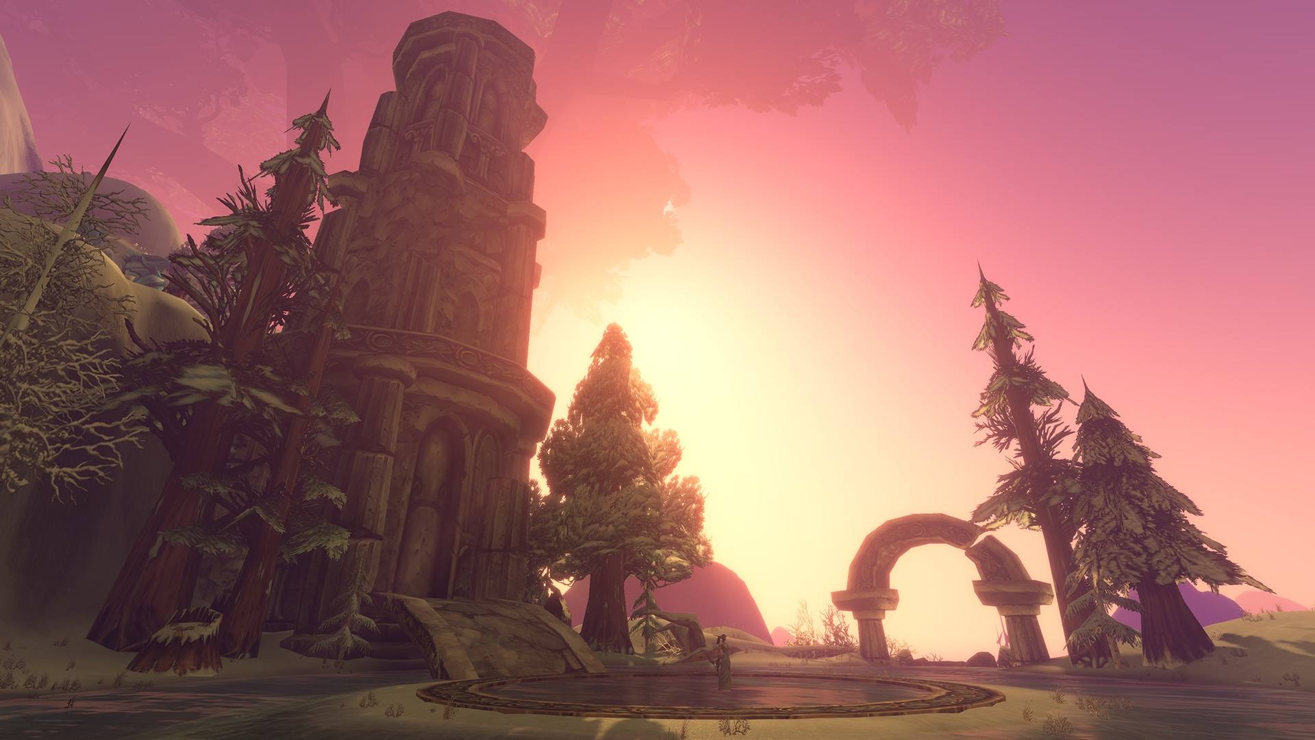 Ruinas y un arco de piedra en Hyjal, a contraluz de un atardecer rosado.