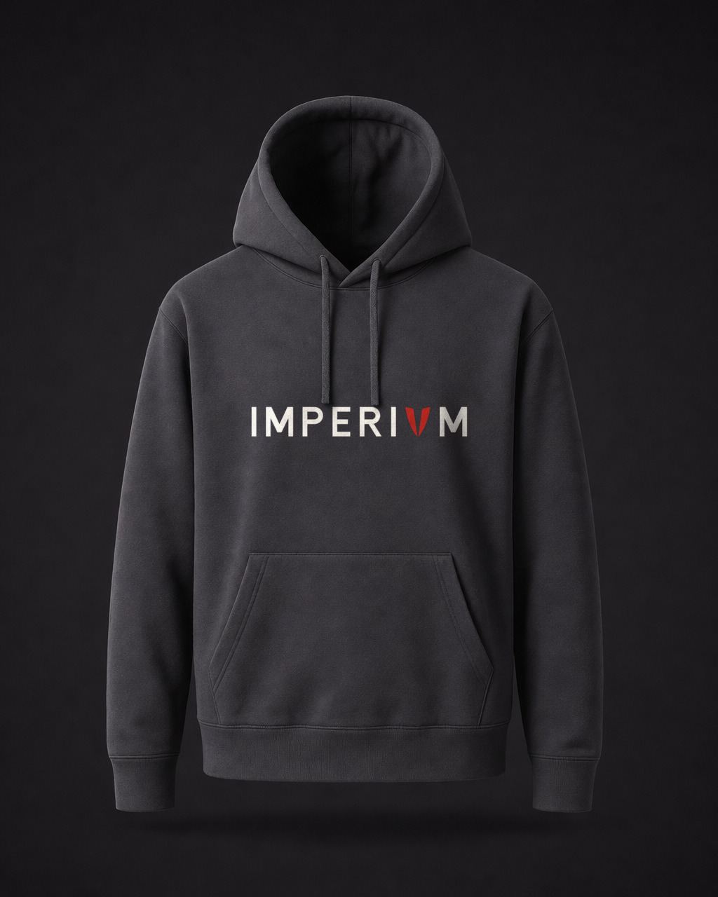 Sudadera gris marengo con capucha y el logotipo IMPERIVM en blanco roto con la V en rojo en el pecho.