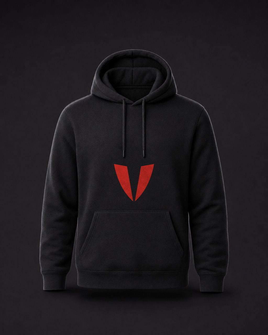 Sudadera negra con capucha y la V de IMPERIVM en rojo, grande, en el pecho.